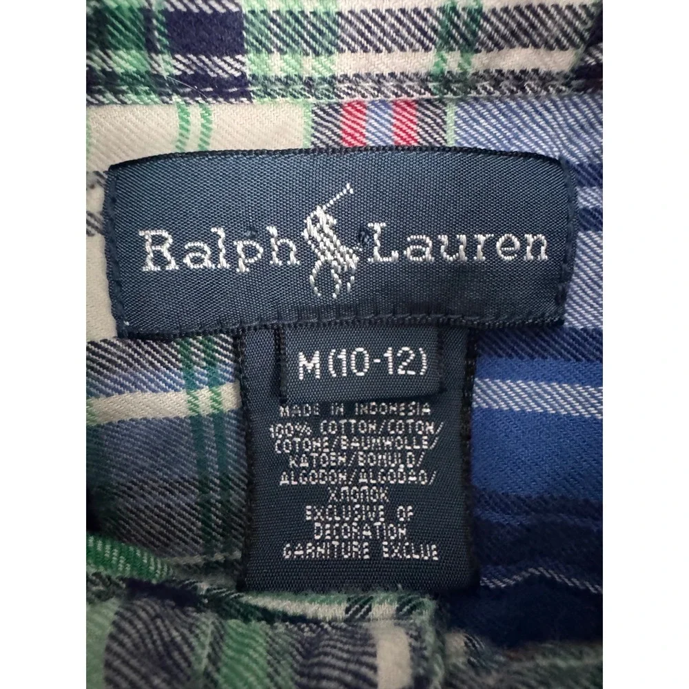 Ralph Lauren Boys Flannel Button Down Shirt Green Blue Plaid Logo Size M‎ 10-12